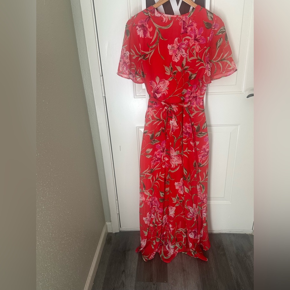 Rabbit Rabbit Rabbit Designs Orange-Red Floral Maxi Dress – Size 8